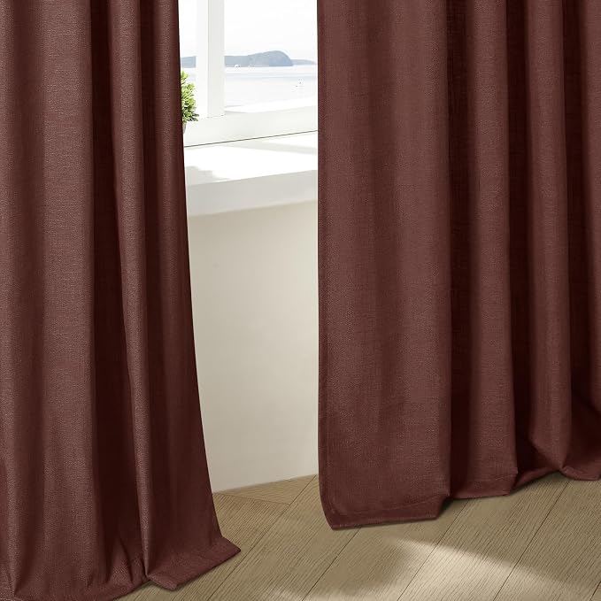 Chestnut Brown Pinch Pleated Linen Sheer Curtains 45 Inch Length 2 Panels | for Kitchen Small Bay Window Basement, Pinch Pleated with Hooks Rings Back Tab, Memory Shape, Thick Linen Semi Sheer, W40xL45