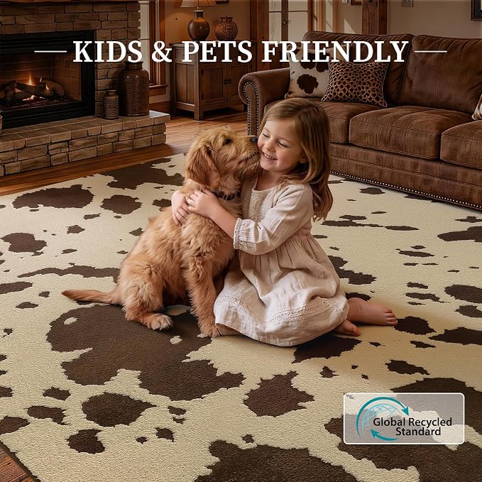 YIHOUSE Cowhide Entryway Rugs 3x5 Ft, Washable Plush Soft Brown and Cream Cow Rug, Non-Slip High-Low Pile Animal Small Area Carpet for Bedside, Living Room, Door Entrance, Home Decor