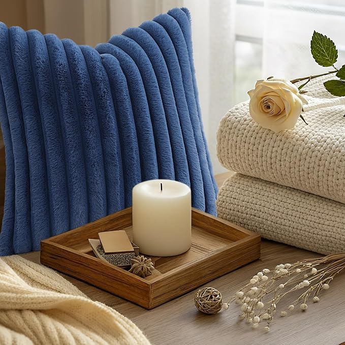 decorUhome Fall Faux Fur Throw Pillow Covers 24x24 Set of 2 Navy Blue | Decorative Soft Cozy Striped Plush Modern Farmhouse Boho Couch Pillow Cases Velvet Back for Sofa Bed Living Room Home Decor