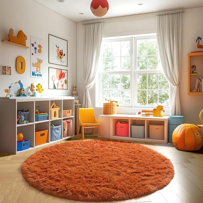 Amdrebio Burnt Orange Large Round Rugs 7Ft for Living Room Bedroom, Shaggy Plush Fuzzy Furry Circle Area Rugs for Kids Room Decor Aesthetic, Fluffy Shag Dark Orange Carpet for Nursery Dorm Classroom