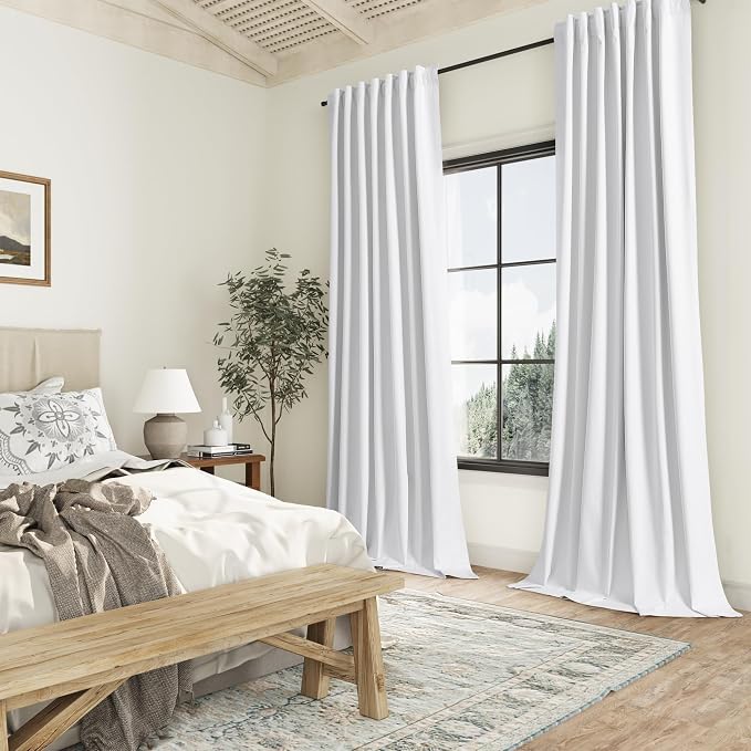 Guken White 100% Blackout Linen Curtains 144 Inch Length 2 Panels Set for Living Room Bedroom Back Tab Thermal Insulated Black Out Drapes Room Darkening Window Curtains