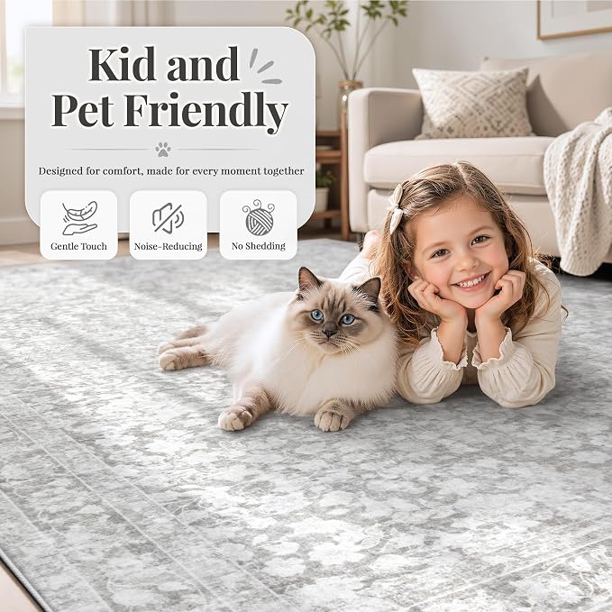 6x9 Area Rugs for Living Room: Boho Vintage Washable Rug Non-Slip Soft Stain Repellent Area Rugs Indoor Low-Pile Carpet for Bedroom Nursery Office Dining Room Playroom Farmhouse (Grey, 6'x9')
