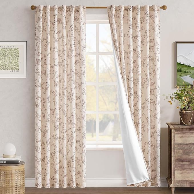 jinchan Taupe Floral Linen Curtains Lined 84 Inch Vintage Back Tab 2 Panels | Privacy lining, light filtering drapes, cottagecore, french country, farmhouse, bedroom, living room, window treatment