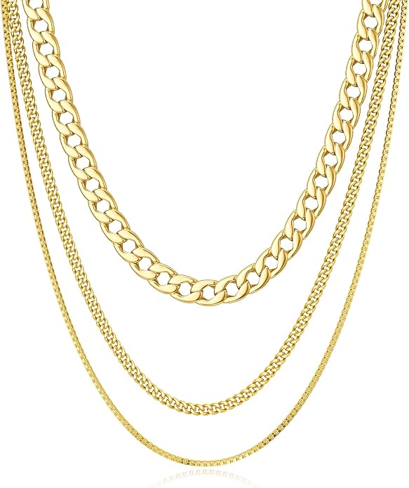 Tewiky Layered Necklaces for Women Non Tarnish- Chunky 14k Gold Plated Herringbone/Snake/Rope/Box/Cuban Link Chain for Women Waterproof Layering Stack Choker Necklace Trendy Dainty Tarnish Free Jewelry Set