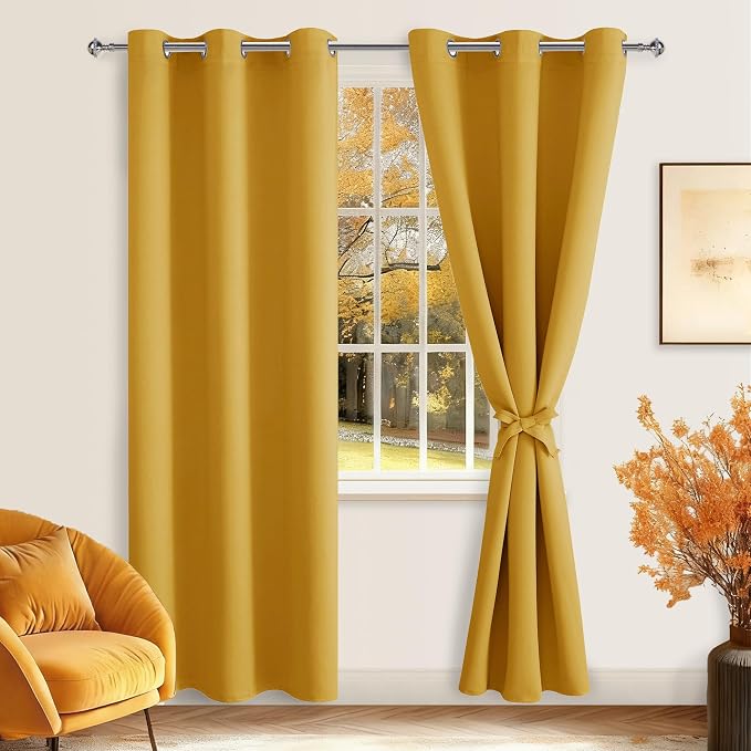 Hiasan Blackout Curtains for Bedroom, 42 x 84 Inches Long - Thermal Insulated & Light Blocking Window Curtains for Living Room, 2 Drape Panels Sewn with Tiebacks, Mustard Yellow