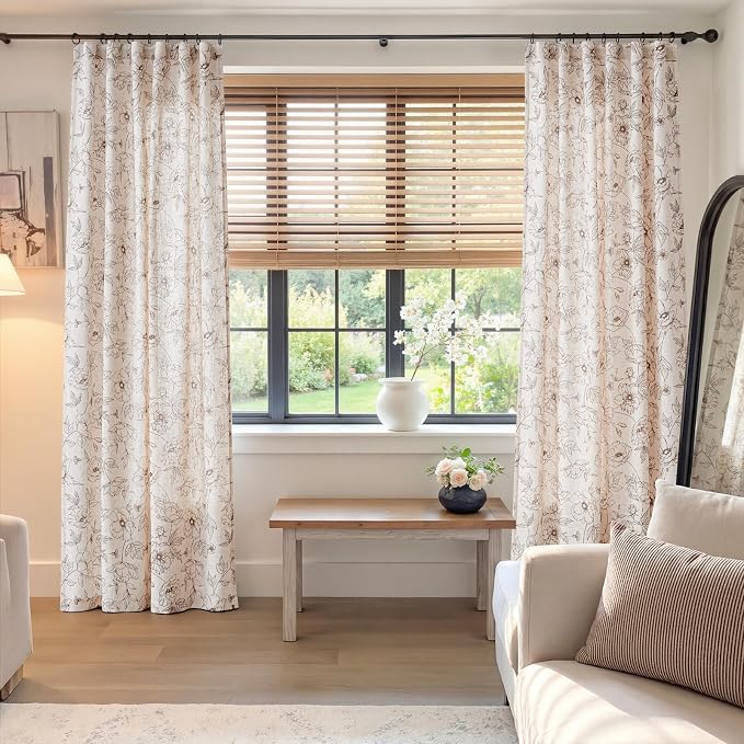 jinchan Floral Linen Curtains for Living Room 84 Inch Length Brown Flower Curtain Rod Pocket Back Tab Farmhouse Curtains with Printed Floral Bedroom Window Curtain Set, 2 Panels Brown
