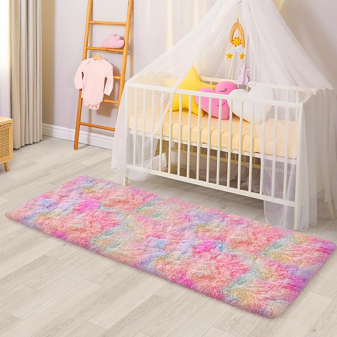 2x6 Ft Rainbow Rug for Girls Bedroom Colorful Area Rug Unicorn Rugs for Girls Bedroom Kawaii Room Decor Runner Rugs for Living Room Plush Fluffy Rug Non Slip Fuzzy Rugs for Kids Room