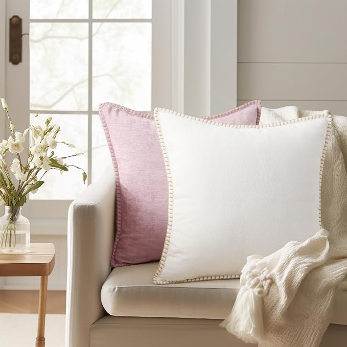 decorUhome Soft Chenille Throw Pillow Covers 12x20 Set of 2 Cream White | Fall Textured Decorative Throw Pillow Cases Stitched Edge Modern Farmhouse Luxury Boho Velvet for Couch Sofa Bed Home Decor