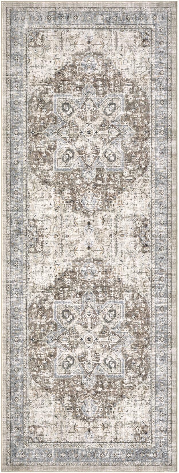 Tortania Area Rug 3x8 Runner Rugs - Washable Vintage Oriental Farmhouse Thin Indoor Carpet for Living Room Bedroom Hallway Entryway Kitchen Under Dining Table Home Office - Brown Blue