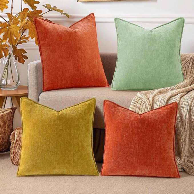 decorUhome Set of 4 Chenille Throw Pillow Covers 16x16(Sage/Rust) | Couch Decorative Soft Neutral Pillow Covers with Elegant Design for Living Room Bed Sofa