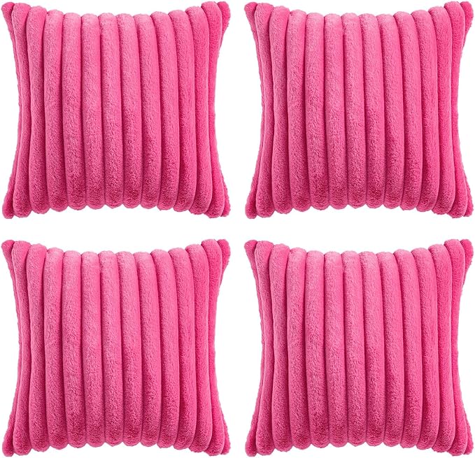 MIULEE Faux Fur Plush Decorative Throw Pillow Covers 20x20 Set of 4, Modern Soft Fuzzy Striped Cushion Covers for Sofa Couch Bed Living Room Cozy Home Decor,Hot Pink