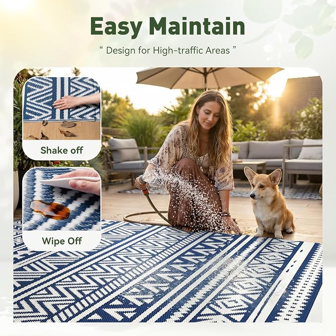 MontVoo-Outdoor Rug Carpet Waterproof 5x8 ft Reversible Patio Rug RV Camping Rug-Plastic Straw Rug Outside Indoor Outdoor Area Rug for Patio Deck Balcony Picnic Beach Outdoor Decor Boho Navy Blue