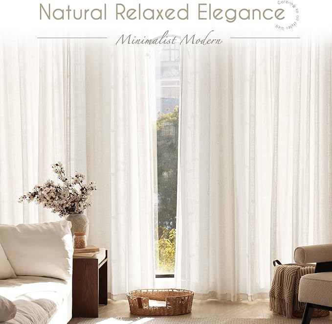 Cream Linen Curtains 72 inch Long 2 Panel Set for Living Room Back Tab Rod Pocket Semi Sheer Light Filtering Bedroom Window Curtain Modern Farmhouse Rustic Neutral Ivory Linen Drapes