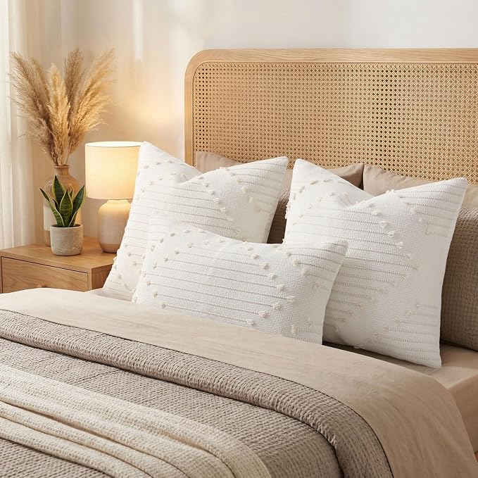 Mecatny Boho Summer Outdoor Throw Pillow Covers 16X16 Set of 2, Farmhouse Decorative Pillow Covers for Couch Sofa Living Room, Beige & Cream White