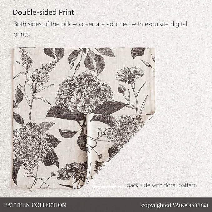 Foindtower Set of 2 Linen Floral Vintage Throw Pillow Covers Neutral Accent Print Decorative Cushion Covers Farmhouse Boho Home Decor for Sofa Chair Couch Bedroom Living Room,22×22 Inch,Black