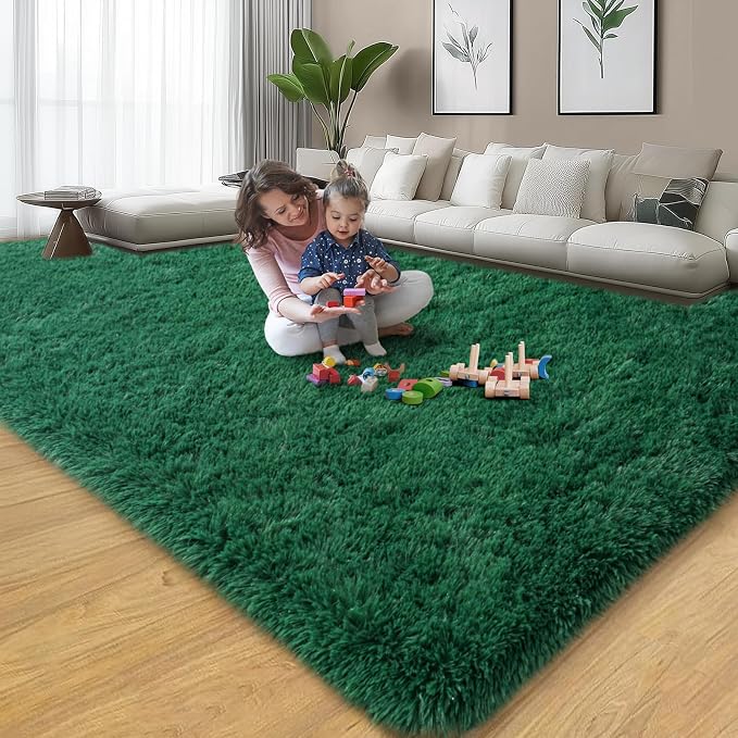 qulint 9x12 Area Rug for Living Room, Dark Green Large Rug for Bedroom | Fluffy Plush Modern Rug, Fuzzy Forest Rug for Boys and Girls Dorm Kid Room Classroom Christmas Home Decor