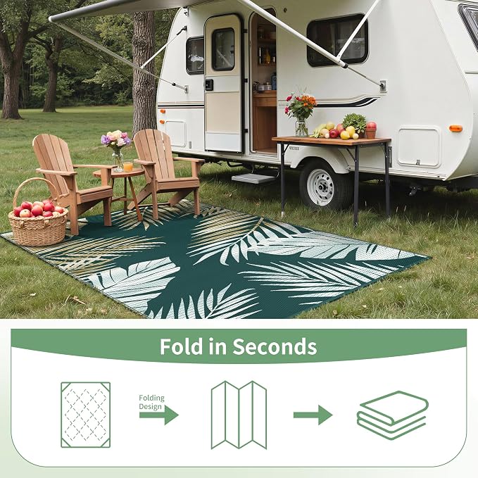 GENIMO Outdoor Rug, Waterproof Plastic Rugs for Patio, 6'x9' Lime Green | Outside Larger Leaf Carpet Mat for Porch Decor, Deck, Balcony, Camping, RV, Backyard, Picnic, Beach, Reversible, Foldable