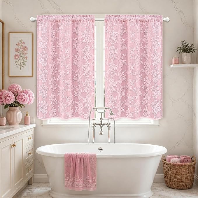 Yinhua Pink Kitchen Curtains 36 Inch Length Double Layer Blackout Curtains for Kitchen Rod Pocket Short Curtain for Windows, Small Window Curtain for Bathroom, Living Room, 2 Panels