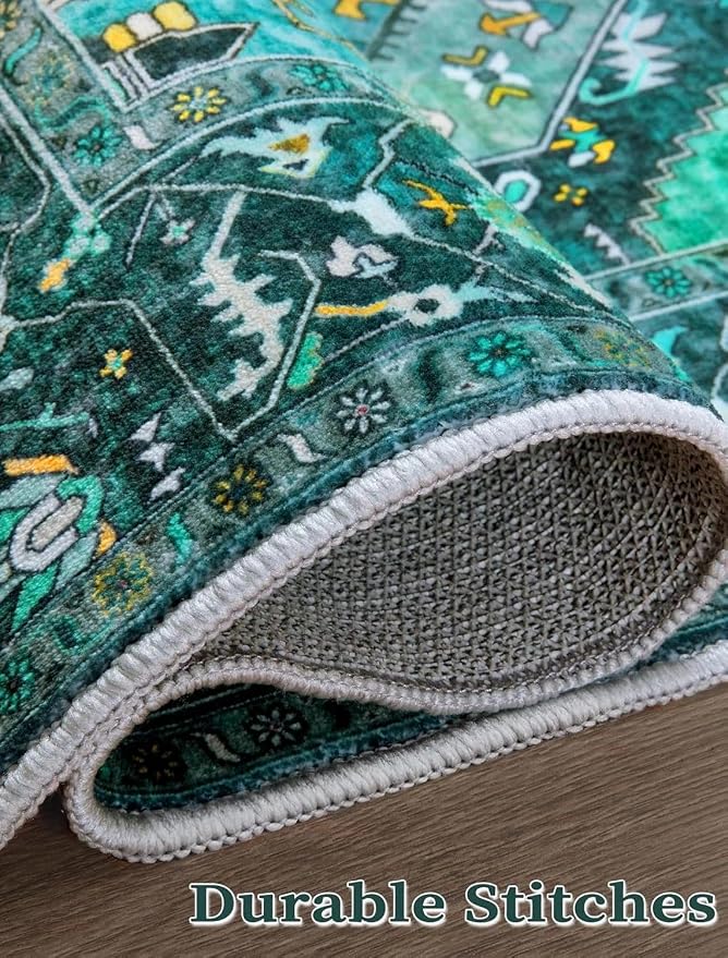 SERISSA Runner Rug for Hallways, 2'6"x18' Washable Non Slip Kitchen Runner Rug, Extra Long Boho Rug Ultra Soft Vintage Teal Print Floor Carpet for Bedroom Hallway Entryway Bathroom Laundry Room