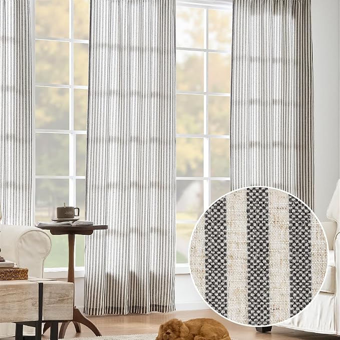 jinchan Linen Curtains 96 Inch Black Stripe on Beige Back Tab 2 Panels | Curtains For Living Room Bedroom,Ticking Stripe, Farmhouse Cottage Core Rustic,Rod Pocket Window Treatment,Light Filtering
