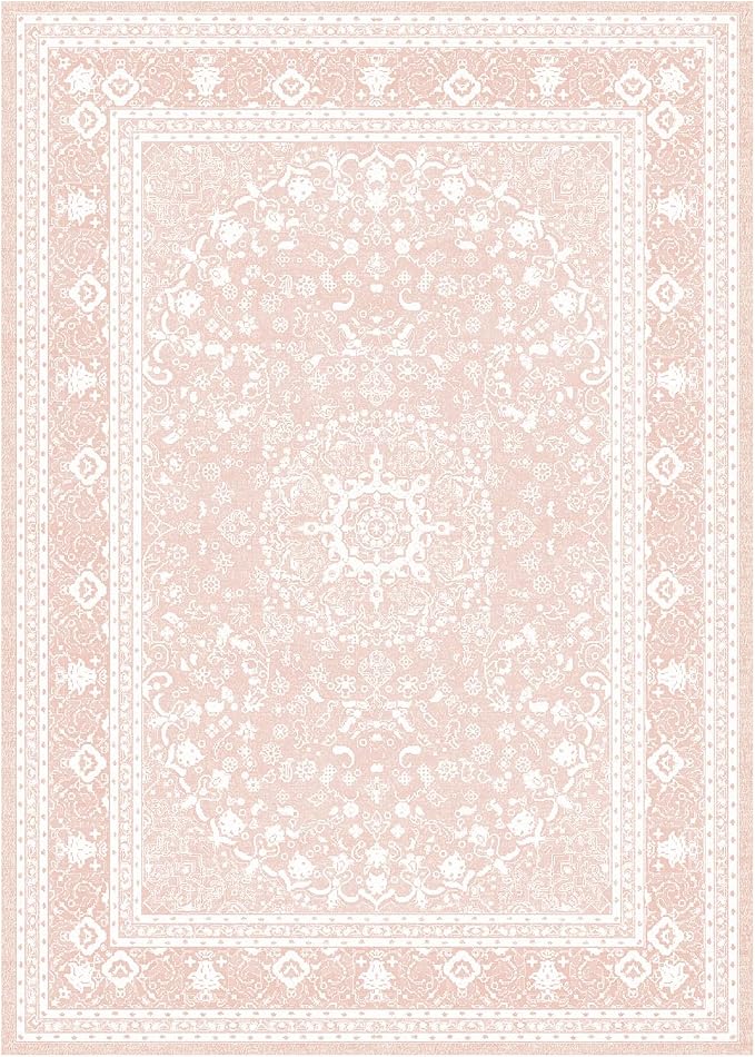 Lessymo 8 x 10 Area Rugs for Living Room, Machine Washable Area Rugs Boho Faux Wool Low Pile Area Rug for Bedroom, Floral Medallion Vintage Rugs with Non-Slip Rubber, Kid & Pet Friendly,Pink