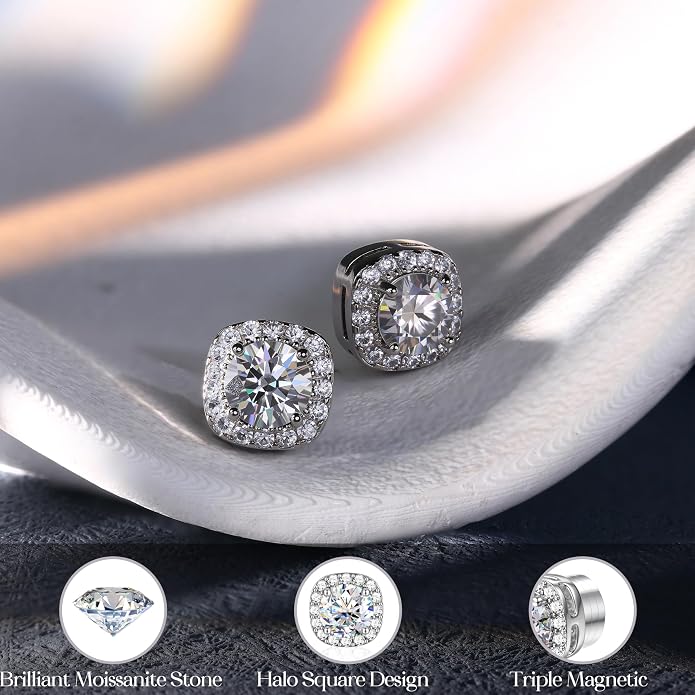 GEMQUEEN Moissanite Magnetic Earrings for Men : 18K White Gold Plated Hypoallergenic Stainless Steel Non Piercing Clip on Fake Earrings Studs Halo Round Square Diamonique Earring Women D Color VVS1