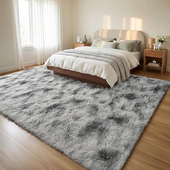 Fluffy Rugs for Living Room:Tie-dye White Grey Soft Shag Rug for Bedroom, Large Fuzzy Plush Indoor Floor Carpet Non Slip Modern Rug for Nursery Boys Girls Kids Room Dorms Home Decor, 7x10 Feet