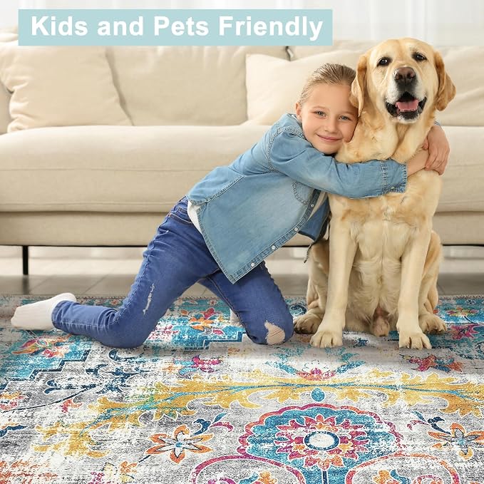 Mandala - Indoor Area Rugs 8x10 Washable, Stain Resistant Machine Washable Rugs for Living Room, Bedroom, and Modern House Décor - Durable Polyester Material, Colorful Patterned - Multi Color