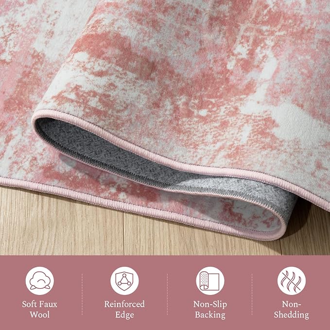 Rugflix 5x7 Area Rugs for Nursery Girls Room, Washable Large Rug Stain-Resistant Low Pile, Modern Non Slip Carpet for Kids Bedroom Living Room Home Office, Pink/White