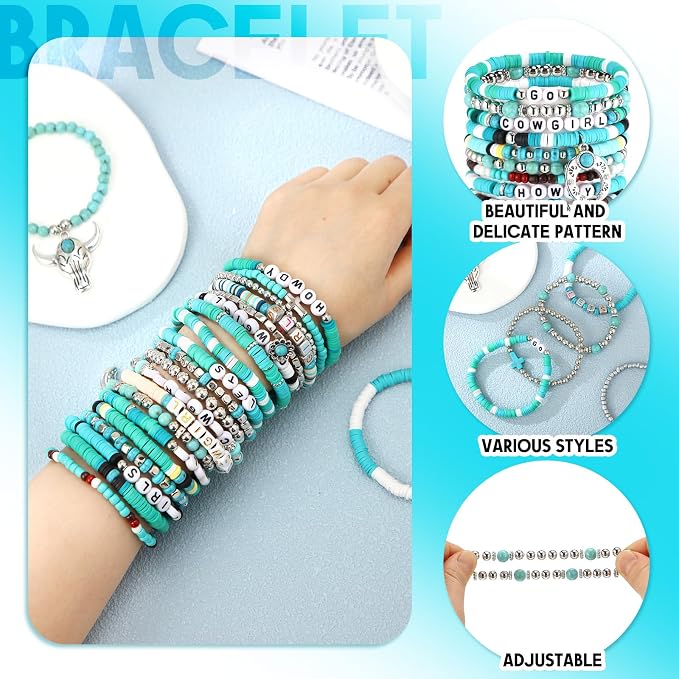 Landical 64 Pcs Western Cowgirl Bracelets Set Summer Turquoise Beaded Bracelet Bohemia Charm Natural Stackable Beach Western Jewelry for Women Goody Bag Fillers Party Favors Packs