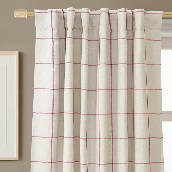 DriftAway 100% Blackout Plaid Linen Curtains 90 Inches Long 2 Panels Red | 100% Blackout, Linen Texture, Plaid Pattern, Two Layers, Rod Pocket & Back Tab, Bedroom Living Room Use, Luxury Appearance