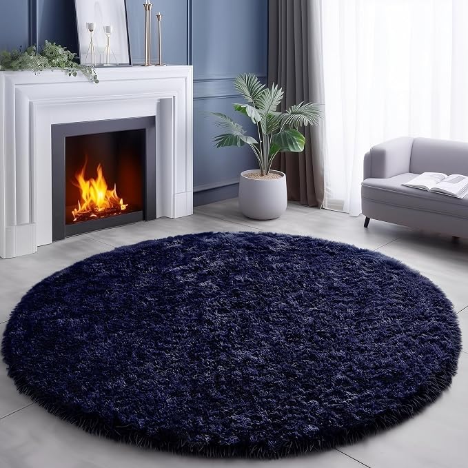 Dark Navy Round Rugs 5Ft for Teen Boys Bedroom, Circular Fluffy Shag Fuzzy Plush Circle Area Rug for Kids Room, Living Room Decor Aesthetic, Indigo Furry Cool Dark Blue Carpet for Dorm Baby Nursery