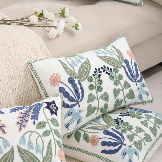 Embroidered Throw Pillow Covers 12x20 inch Set of 2 Green Leaves with Birds Floral Tufted Pillowcases Summer Decorative Coastal Pillow Cushion Cases Lumbar Navy Blue Flower Pillow Case