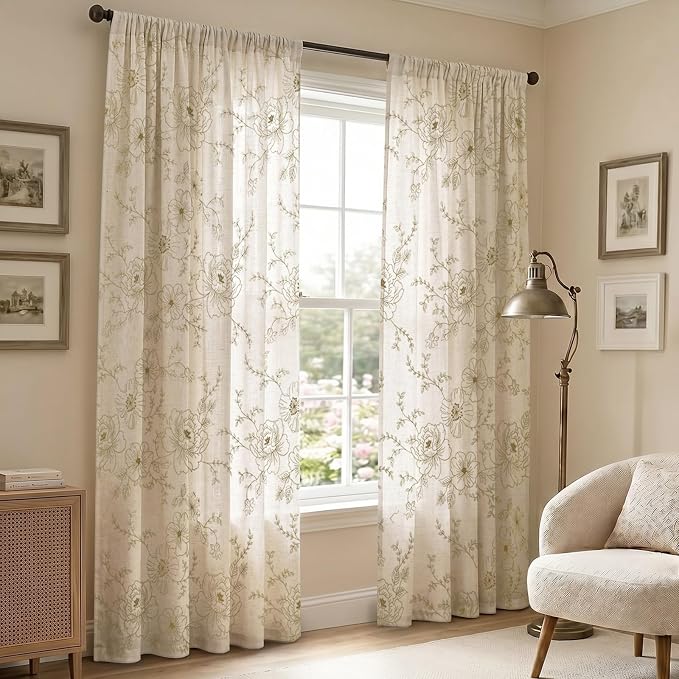 Boho Floral Curtains, Vintage Farmhouse Curtains 84 Inches Long, Beige Cottage Core Flower 2 Panels