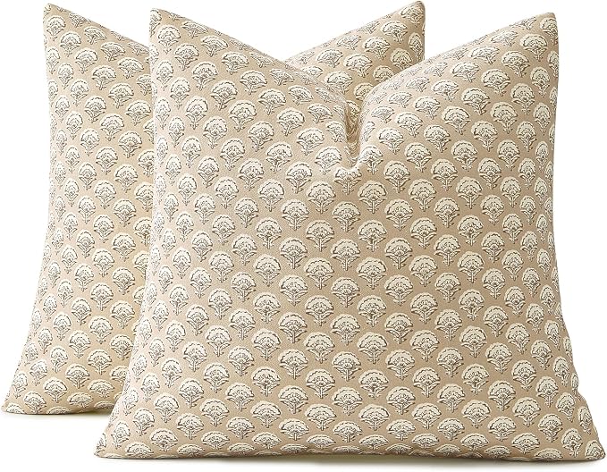 MIULEE Set of 2 Decorative Floral Pillow Covers Neutral Vintage Throw Pillows Block Print Boho Farmhouse Cushion Covers for Spring Home Decor Couch Sofa Bed Living Room, 20x20 Inch, Cream Oatmea