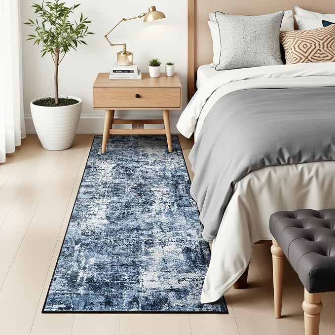 Rugflix 2x7 Runner Rug for Entryway, Kitchen Rugs Soft Non-Slip Washable Runners for Hallway, Abstract Small Carpet with Non-Slip Backing for Bedroom, Living Room, Navy Blue/Black