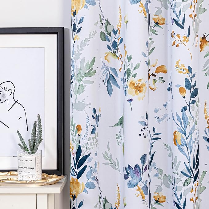 MYSKY HOME Floral Blackout Curtains 63 Inch Long Living Room Bedroom Summer Curtains Thermal Insulated Curtains Room Darkening Curtains Printed Flower Leaf Window Treatments, 2 Panels, Yellow and Blue