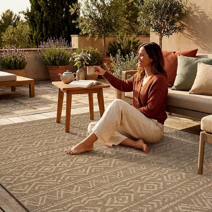 MontVoo-Outdoor Rug-Patio Rug 6x9 Polypropylene Indoor Outdoor Rugs Outdoor Carpet for Patio Deck Balcony Porch, Textured Weave, Durable for High Traffic, Fade-Resistant, Boho Farmhouse Neutral Brown