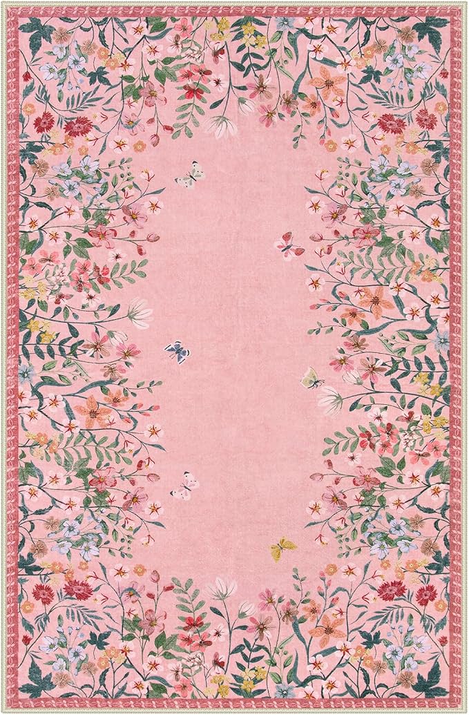 Wonnitar 6x9 Washable Area Rug, Pink Floral Rug for Girls Bedroom, Boho Botanical Nursery Rug, Non Slip Low Pile Living Room Carpet, Vintage Flower Dorm Decor (6x9 Pink)