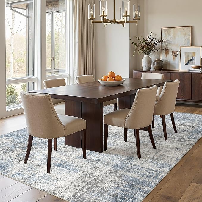 Washable 9x12 Area Rug for Living Room - Modern Abstract Carpet with Non-Slip Backing, Low Pile & Soft, Stain Resistant, Kid & Pet Friendly Decor for Bedroom & Dining Room - Blue Grey