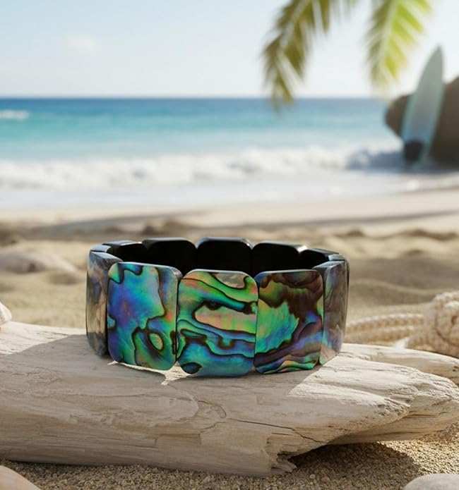Natural Abalone Shell Stretch Cuff Bracelet 6 to 8 inch Stretchable Handmade Women Jewelry DA492-BB Rainbow