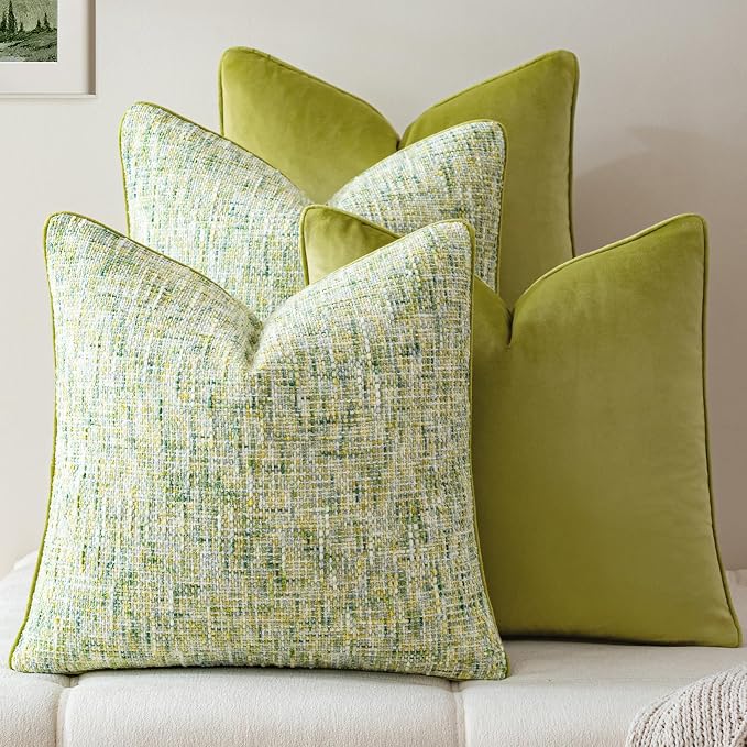a moment Green 4 Pack Throw Pillow Covers - Chenille & Velvet Set with Piping, Farmhouse Textured Design Pillow Cases for Couch Sofa Bed Livingroom (20x20 Inch, No Insert)