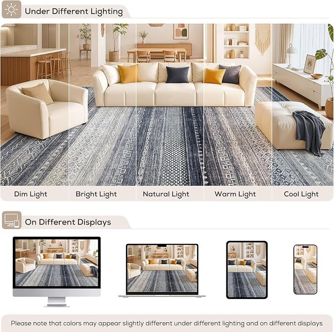 6x8 Area Rugs Living Room: Washable Boho Large Neutral Soft Rug Modern Stain Resistant Moroccan Indoor Non Slip Floor Carpet for Bedroom Nursery Kids Playroom Office Dining Room Dorm- Blue
