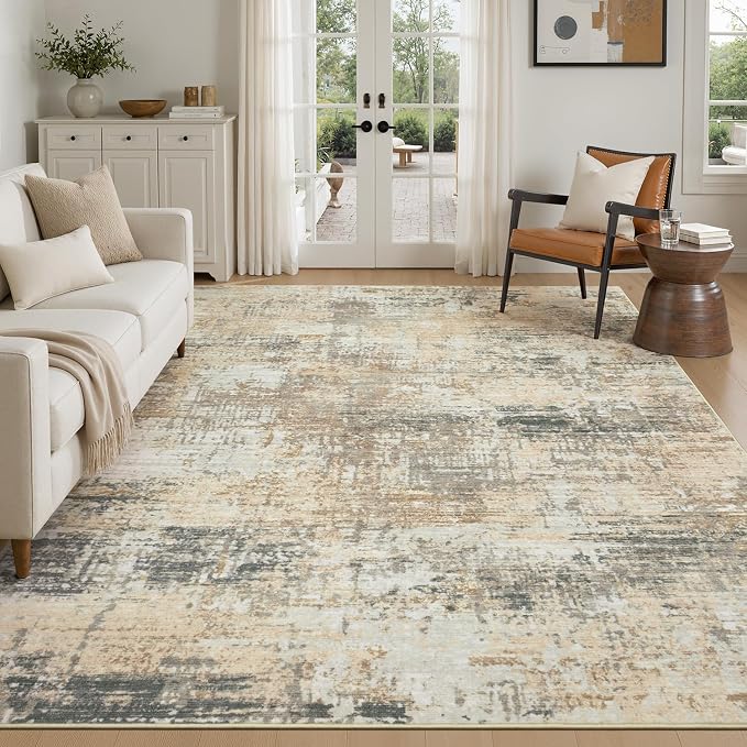 Rugflix 5x7 Area Rugs for Living Room, Washable Large Rug Stain-Resistant Low Pile, Modern Neutral Carpet for Dining Room Home Office Kid Room Nursery Bedroom, Gold/Beige/Grey
