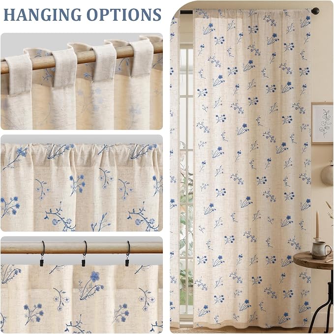 Blue Floral Embroidered Linen Blend Curtains for Bedroom, 84 Inch Light Filtering Spring Farmhouse Vintage Drapes for Living Room Rod Pocket, Set of 2 Panels