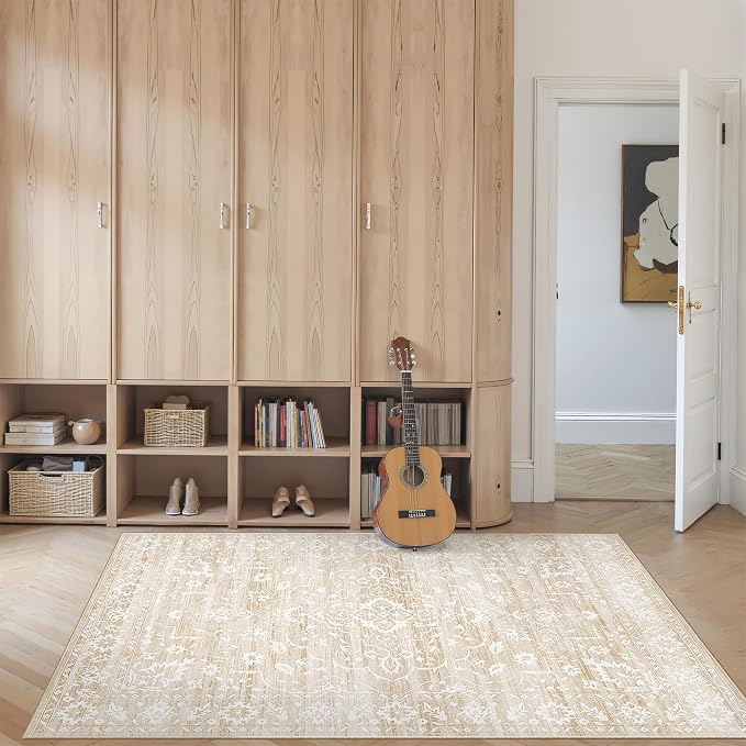 Soalmost Area Rugs 4x6 for Living Room, Washable Neutral Soft Rugs Beige | Floral Vintage Non-Slip Throw Carpet for Dining Room, Entryway, Kitchen, Farmhouse 4'x6'