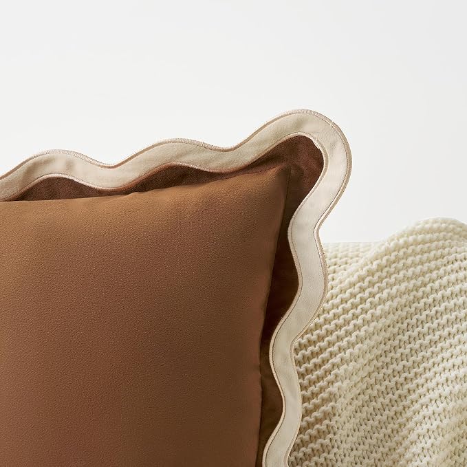 MONDAY MOOSE Decorative Throw Pillow Covers Cushion Cases, Set of 2 Soft Velvet Scalloped Wavy Edge Designs, Mix and Match for Home Decor, Pillow Inserts Not Included (20x20 inch, Beige/Brown)