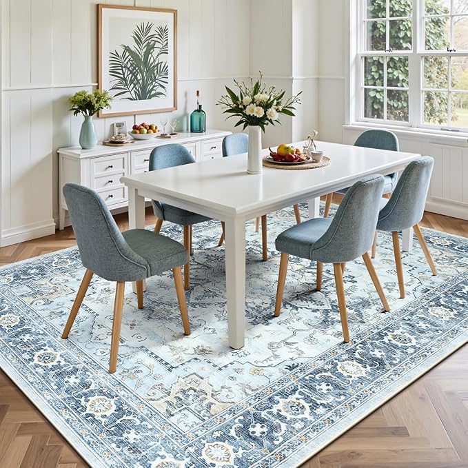 Lofus 5x7 Area Rugs for Living Room, Machine Washable Non-Slip Area Rug, Low Pile Large Rugs for Bedroom, Kitchen, Dining Room, Home Office, Vintage Oriental Print Rug, Blue Gold