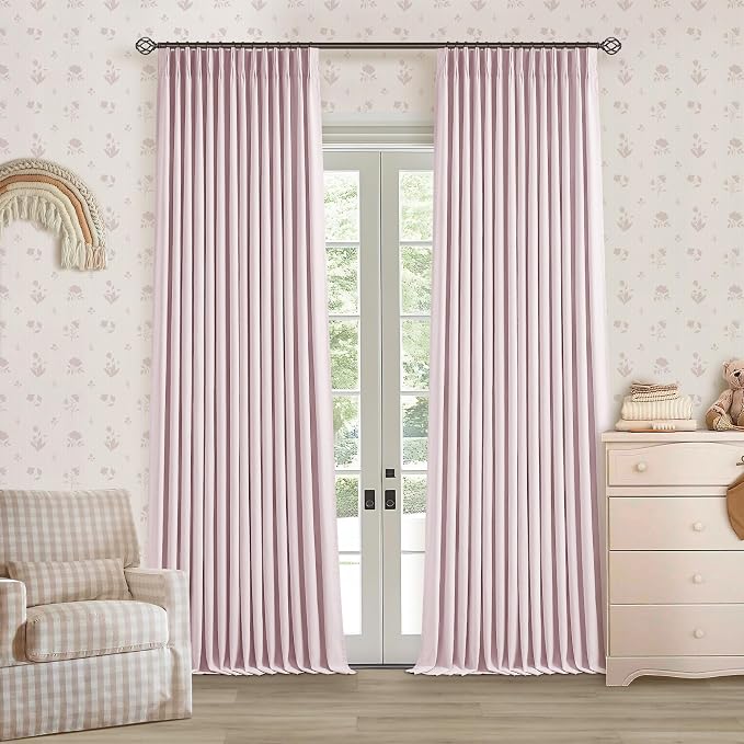 Light Pink Pinch Pleat 100% Blackout Linen Bedroom Curtains 96 Inch Length | Double Layer Curtains, Pleat with Ring Hooks Back Tab, Black Out Room Darkening, Pink Blush Drapes for Girls Baby Nursery