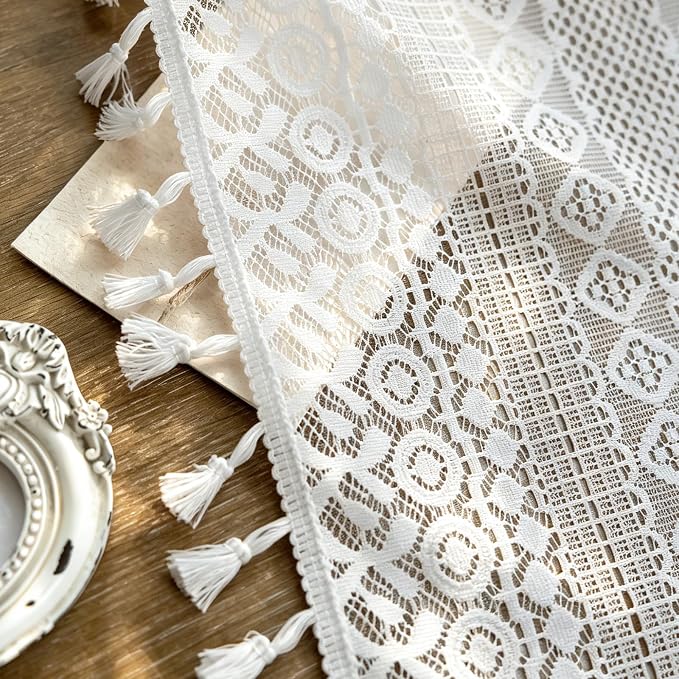 Sutuo Home White Boho Lace Curtains 45 Inches 2 Panels for Kitchen Cafe, Semi Sheer Ivory Curtains Small Window Drape Crochet Vintage Farmhouse Tassels Bohemian Privacy Cottagecore Rod Pocket, 50" W